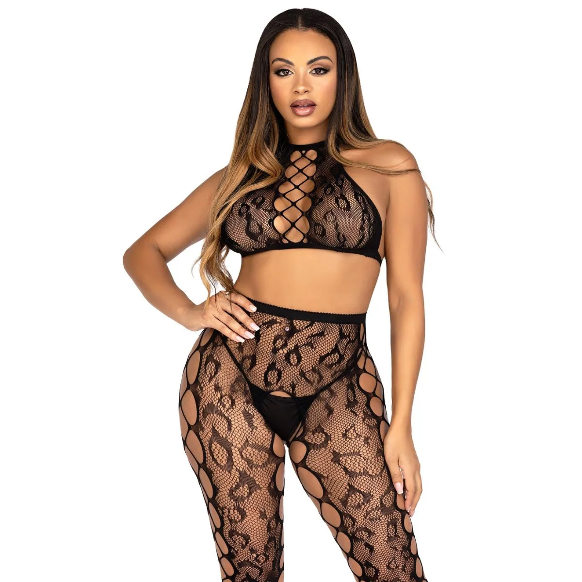Leg Avenue - Crop Top en Open Kruis Panty - Zwart