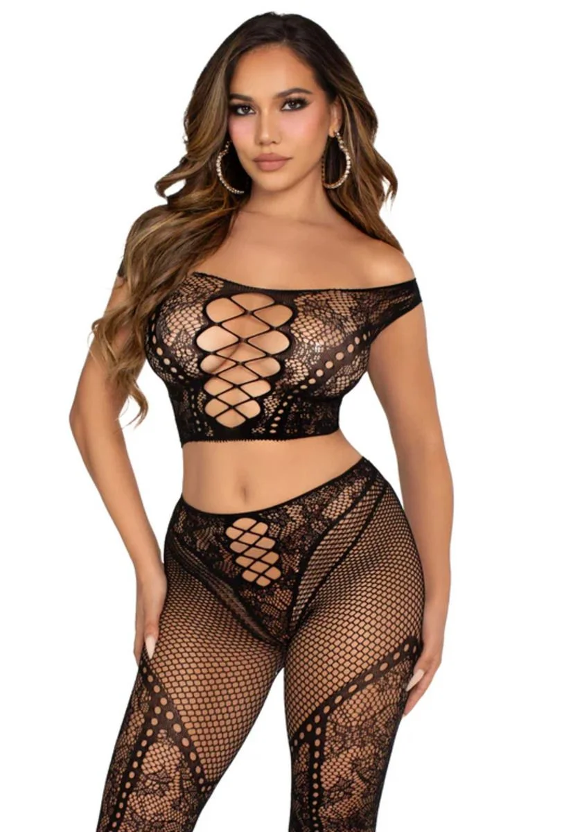 Leg Avenue – Off-Shoulder Crop Top & Legging Set – Zwart