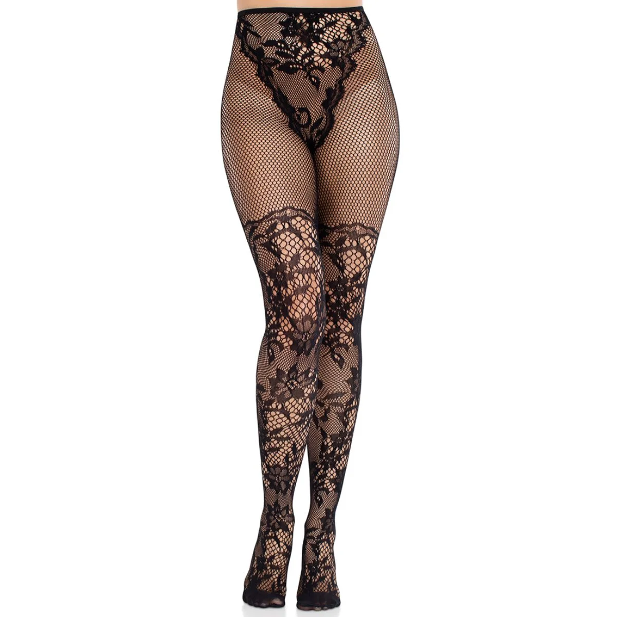 Leg Avenue - Dahlia Lace Tights Net Detail - Zwart